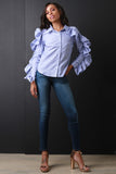 Pinstriped Ruffle Statement Sleeve Button-Up Top