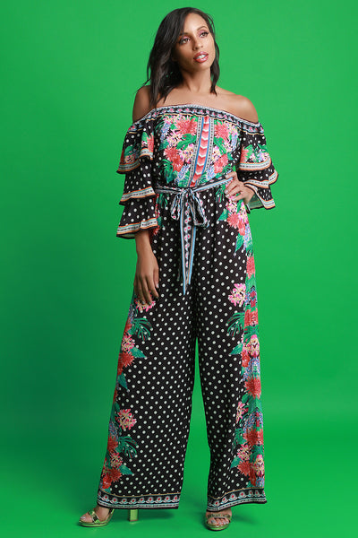 Polka Dot And Floral Print Tiered Ruffle Sleeves Palazzo Jumpsuit