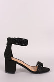 Bamboo Floral Crochet Suede Ankle Strap Blocked Heel