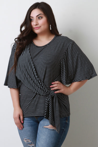 Striped Jersey Knit Tie-Front Wide Sleeve Top