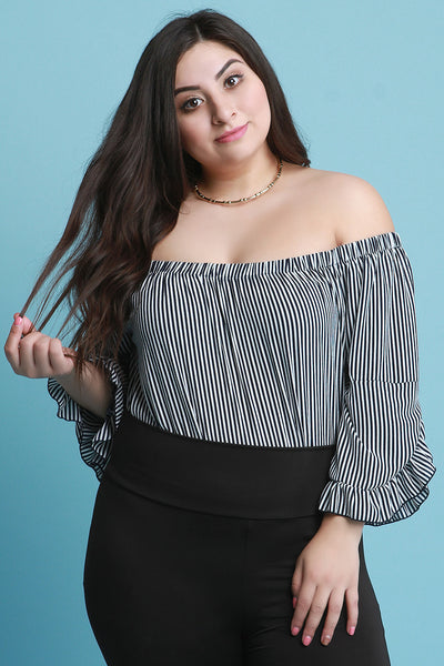 Striped Ruffle Sleeve Off The Shoulder Top
