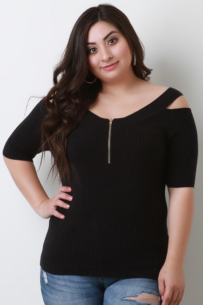 Rib Knit Cold Shoulder Zip-up Sweater Top