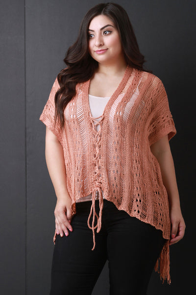 Shredded Sweater Knit Lace-Up Poncho