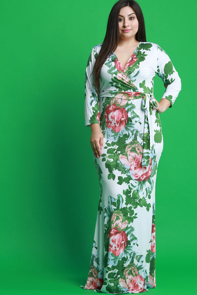 Floral Print Surplice Long Sleeves Maxi Dress