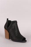 Qupid Perforated V-Cut Chunky Heeled Distressed Ankle Boots
