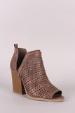 Qupid Perforated V-Cut Chunky Heeled Distressed Ankle Boots