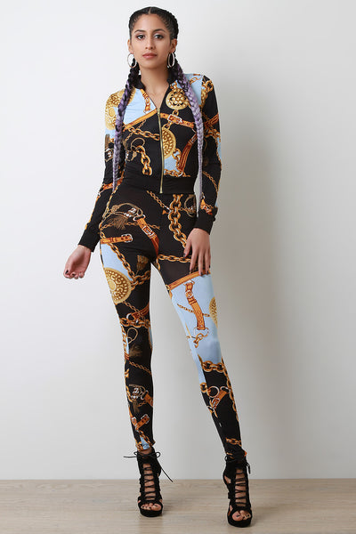 Belted Chain Print Zip-Up Jacket with Leggings Set