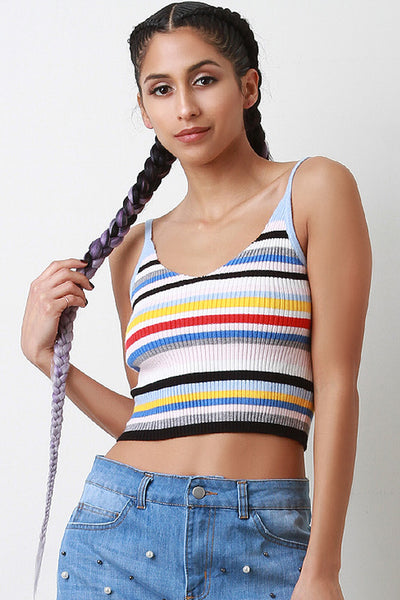Colorful Striped Ribbed Knit V-Neck Crop Top