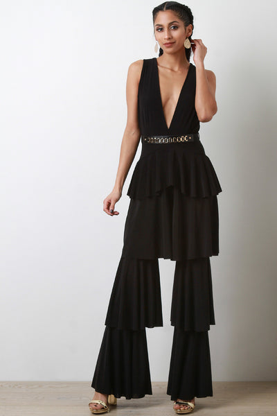 Ruffle Tiered Deep-V Jumpsuit
