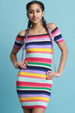 Colorful Striped Ribbed Knit Bardot Dress