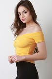 Off The Shoulder Faux Button Ribbed Knit Top