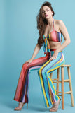 Vibrant Striped Mesh Bandeau Top with Flare Pants Set