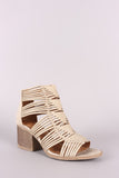 Qupid Distressed Strappy Woven Chunky Heeled Booties