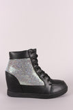 Cracked Metallic High Top Lace Up Wedge Sneaker