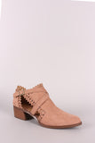 Qupid Perforated Suede Zigzag Cutout Cowgirl Ankle Boots
