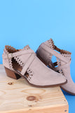 Qupid Perforated Suede Zigzag Cutout Cowgirl Ankle Boots