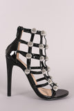 Dome Studded Grid Caged Open Toe Stiletto Heel