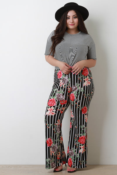 Striped Floral High Waisted Flared Pants