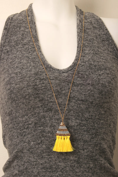 Tassel Fringe Beaded Triangle Long Chain Necklace