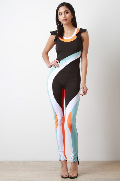 Short Ruffled Sleeve Colorblock Fitted Jumpsuit