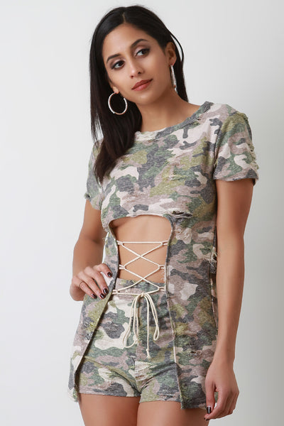 Distressed Camouflage Lace Up With Shorts Set