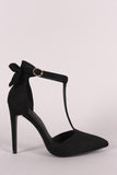 Back Bow Suede Pointy Toe T-Strap Stiletto Pump