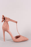 Back Bow Suede Pointy Toe T-Strap Stiletto Pump