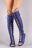 Mesh Open Toe Lace-Up Over-The-Knee Flat Boots