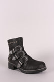 Wild Diva Lounge Studded Etched Buckled Strap Moto Ankle Boots