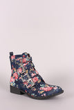 Qupid Floral Studded Buckled Strap Moto Ankle Boots