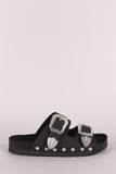 Studded Etched Buckled Double Band Footbed Sandal