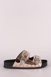 Patent Studded Etched Buckled Double Band Footbed Sandal