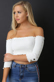 Button Stud Ribbed Knit Lettuce Edge Crop Top