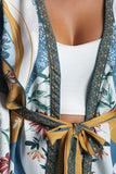 Floral Waist Tie Bell Sleeve Kimono