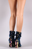 Slouchy Velvet Holographic Sequins Peep Toe Chunky Heeled Booties