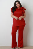 Ruffled Side Slit Top With High Rise Flared Pants Set