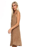 Women's Button Down Camel Suede Sleeveless Midi Dress