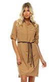 Women's Belted Shirt Dress with Leather Collar
