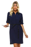 Women's Belted Shirt Dress with Leather Collar