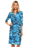 Women's 3/4 Three Quarter Sleeve V-Neck Wrap Dress with Side Tie & Floral Print