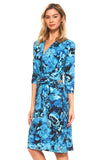 Women's 3/4 Three Quarter Sleeve V-Neck Wrap Dress with Side Tie & Floral Print