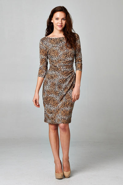 Women's 3/4 Three Quarter Sleeve Leopard Printed Sheath Dress